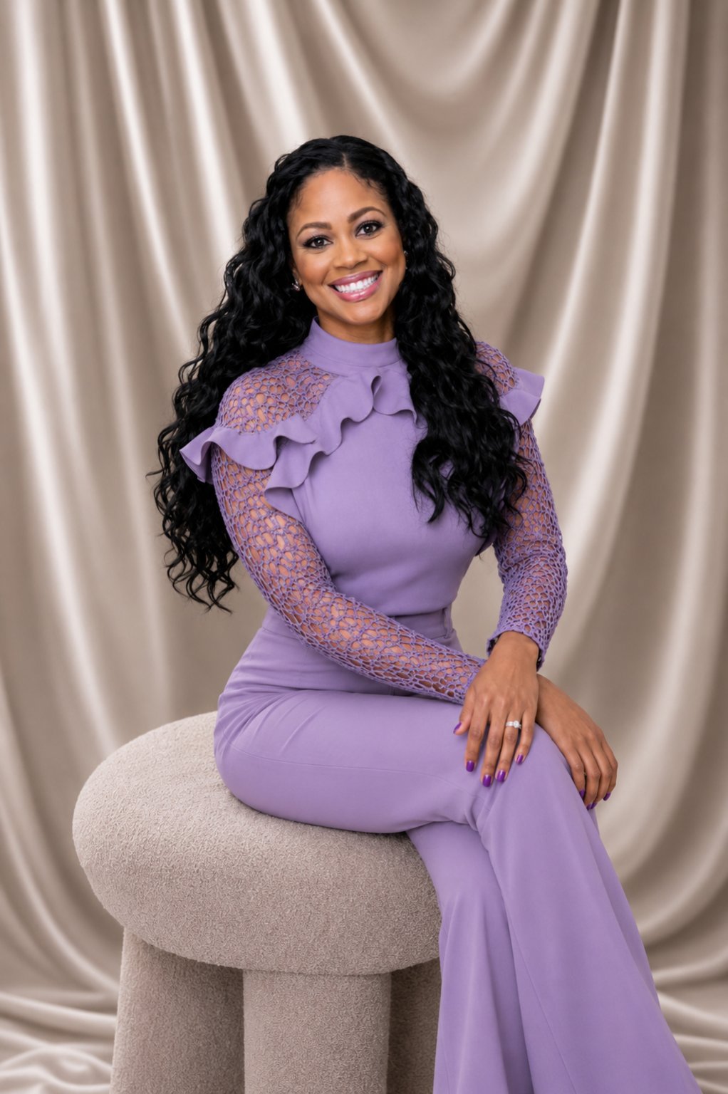 Dr. Victoria Dooley, MD, seated in a lavender dress with lace sleeves against a champagne satin backdrop