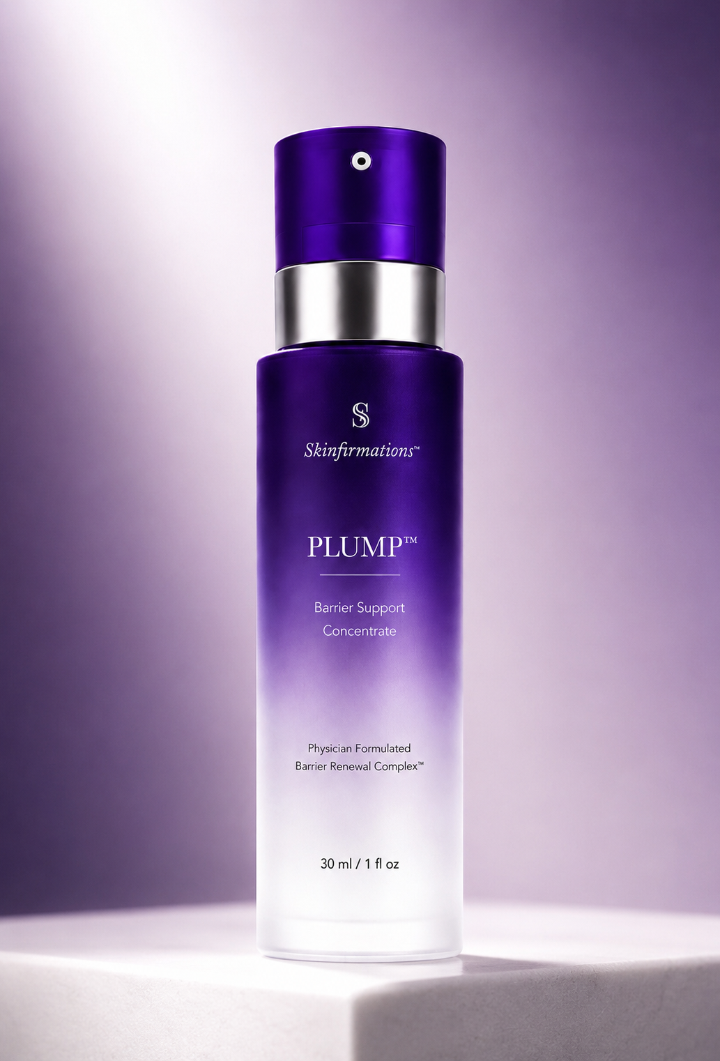 PLUMP Barrier Support Concentrate, a 30 ml airless pump bottle in a purple-to-frost gradient
